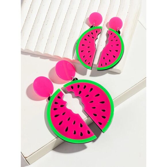 Pink Watermelon Acrylic Earrings Fun & Fruity Statement Jewelry - Picture 5 of 5
